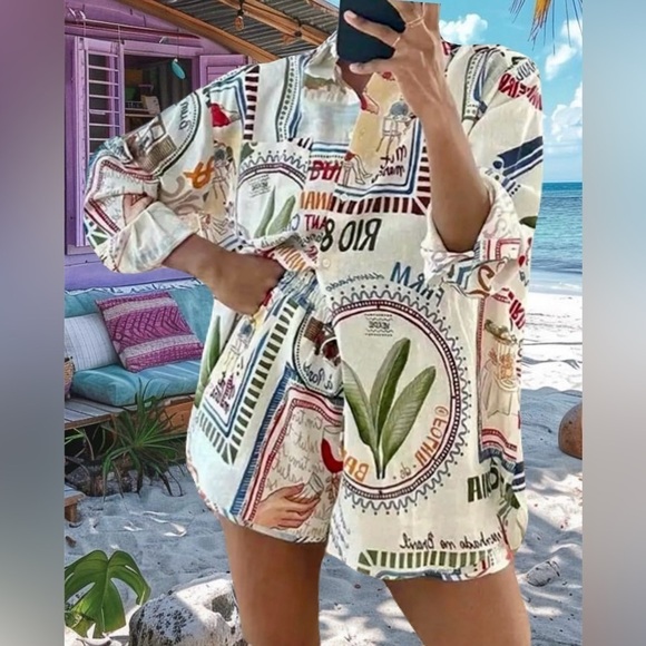 Brazil Tropical Oversized Chic Shorts Set Shirt & Shorts Casual Coverup - Picture 1 of 16